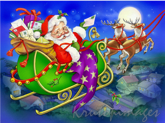 Santa on sleigh over rooftops