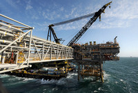 Bridge installation between Marlin A and B platforms with assisting Derrick barge -on Bass Strait Victoria