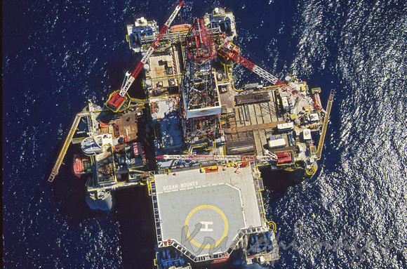 Ocean Bounty drilling rig in Bass Strait aerial view.