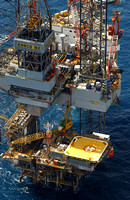 Ensco 102 jackup drilling rig drills over Barracouta platform on Bass Strait