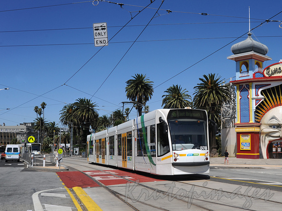 Melbourne tram -PTV passes Luna Park Amusement Park in St Kilda Victoria