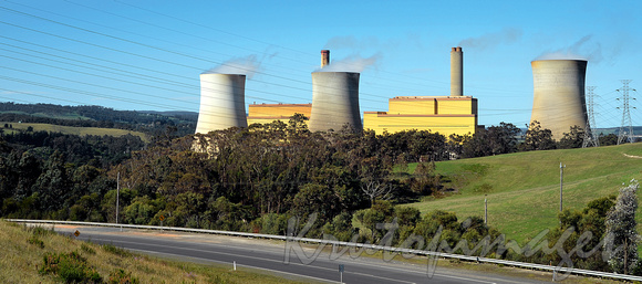 Yallourn Power Station in the Latrobe Valley Victoria showing transmission lines and cooling towers