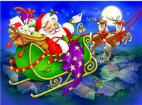 Santa on sleigh over rooftops