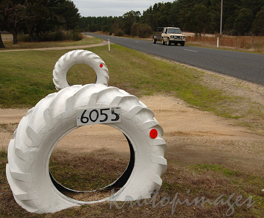 Giant tractor tyres painted white as an entrance to a country property-Victoria