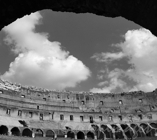 The Colosseum in Rome a black and white view through a section