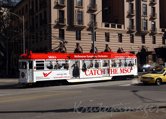 Melbourne Symphony Orchestra tram passes the Windsor Hotel in Melbourne CBD