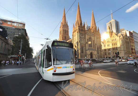 Melbourne tram public transort crosses the Swanston Flinders Street intersection-Melbourne CBD