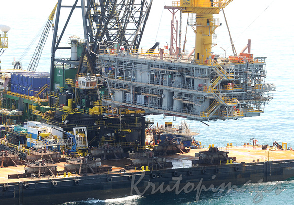 Marlin A module support frame is placed into position by the BD30, a huge offshore derrick barge working on Bass Strait Aust