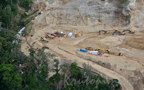 PNG-LNG project -aerial image of heavy machinery constructing the beginning of the Northern Highlands gas project in Papua New Guinea