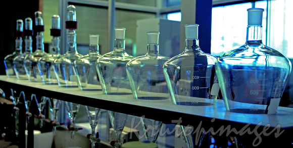A row of glass flasks on a laboratory shelf