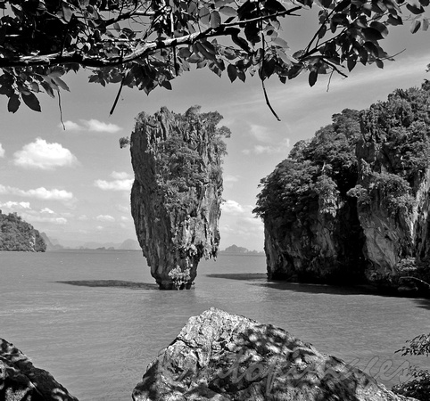 Phuket Thailand black and white image of James Bond Island