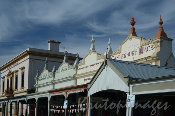 roof and facades of Beechworth main street shops and businesses