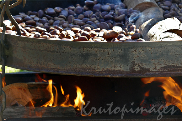walnuts roasting in suspended steel pan over a log fire