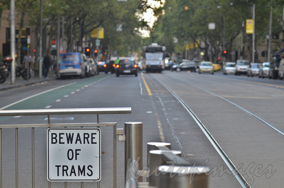 New tram stop signage and bollards for pedestrians-Melbourne