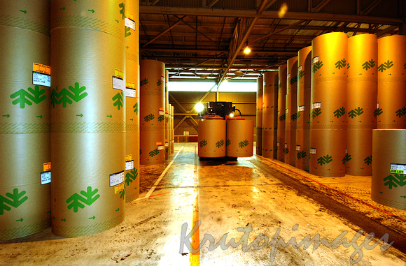 Bulk paper manufacturing and storage-a forklift carries two rolls paper