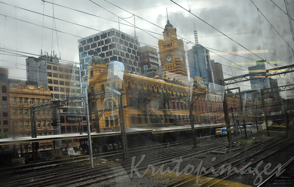 Gloomy wet day in Melbourne veiwed from a train