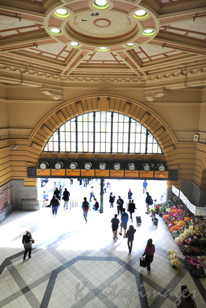 Flinders Street Station looking down at entrance from street
