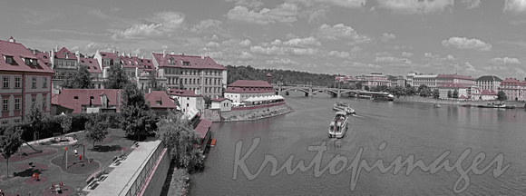 Prague-river scene,black & white with spot colour