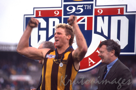Australian Rules- Brereton rejoices the Hawthorn 1991 AFL Premiership win