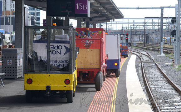 Vline testing carts on platforms various vehicles tested for noise and manoeuvrability.