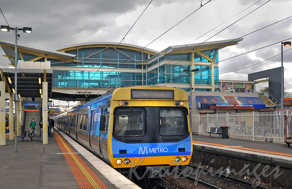 Metro train leaves Dandenong railway station