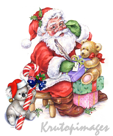 Santa writing a list with teddy and koala