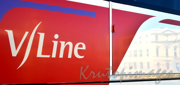 VLine logo on the side of a coach- re PUBLIC TRANSPORT VICTORIA