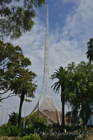 Melbourne Art Centre spire viewed from the banks of the Yarra River opposite