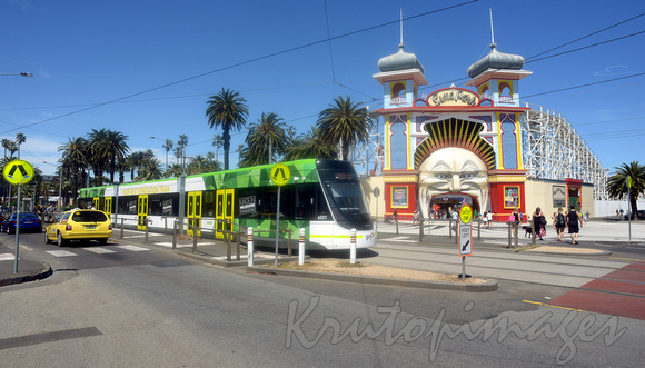 New Tram passes Luna Park in Melbourne
