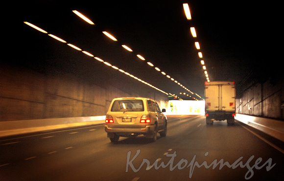 Traffic exiting freeway tunnel