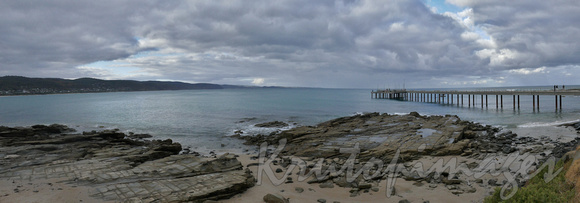 Lorne Pier Panorama with rugged coastline and foreground beach-Victoria