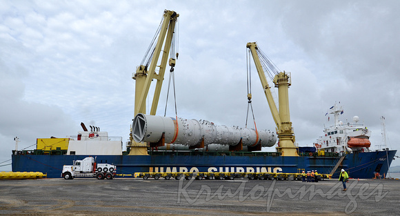 refinery vessel is loaded onto a transporter multi wheeled vehicle at Barry Beach Marine Terminal-3