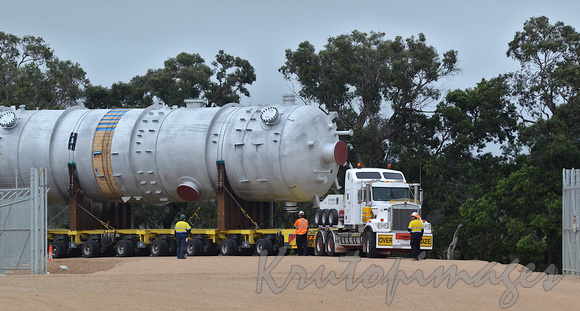 HUge vessels are transported to the main gate of a Gas Conditioning plant at a Victorian refinery