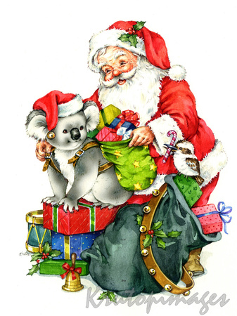 Santa helps koala with Christmas sack