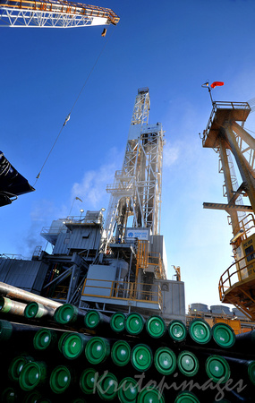 Drilling rig erected on platform main deck -from the drill pipe storage area