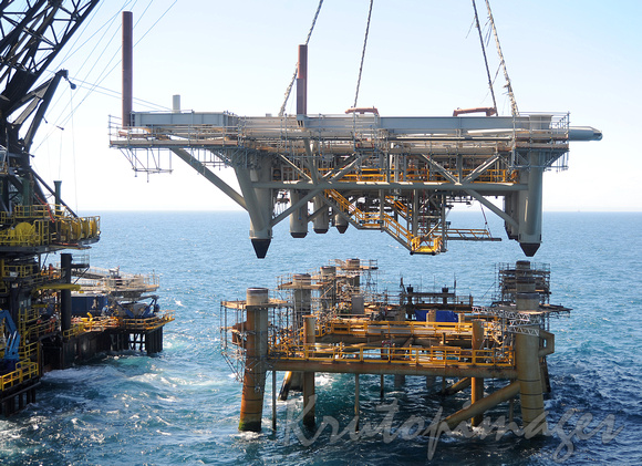 topside section of an offshore platform is lowered onto the jacket section -Bass Strait Australia-2