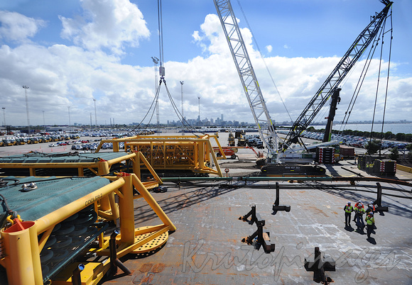 Sub seastructures used to support offshore platforms are lifted from Appleton Docks to a heavy lift barge