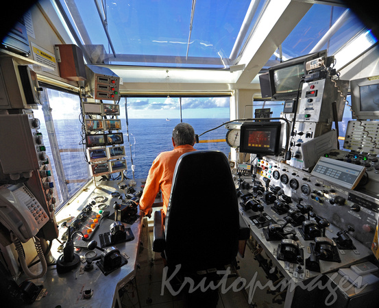Crane operators cabin high above the main deck of the DB30 on Bass Strait