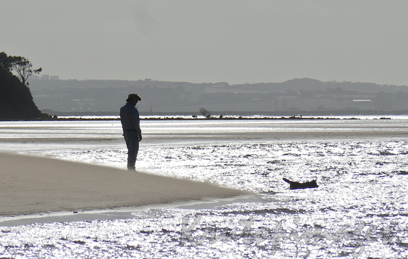 silhouette of a man and his dog onthe Gippsland Lakes