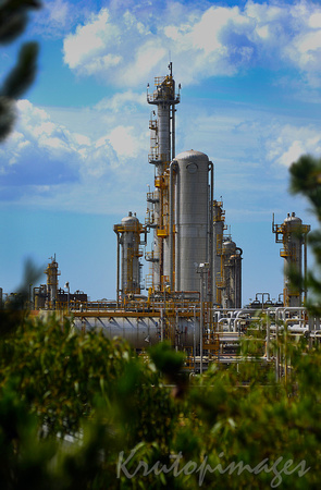 Refinery towers through bush vegetation -Victoria Australia